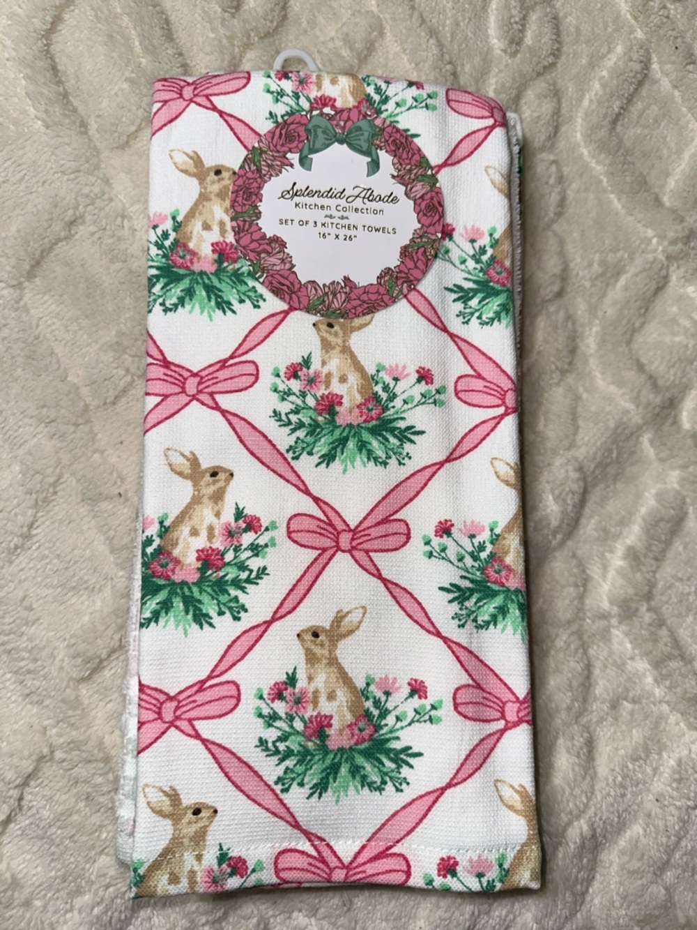SA Easter Bunny Floral Trellis White Pink Cotton Tea Kitchen Towels Set of 3